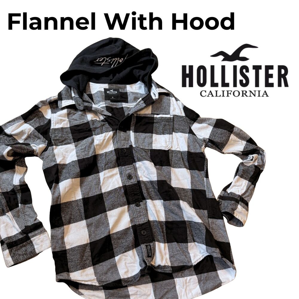 Hollister Black White Buffalo Plaid Hooded Flannel Shirt Size XL